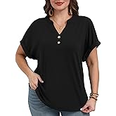 OLRIK Womens Plus Size Tops Short Sleeve Henley Tops V Neck Dressy Casual Blouses Summer Vacation Fashion Shirts 2026