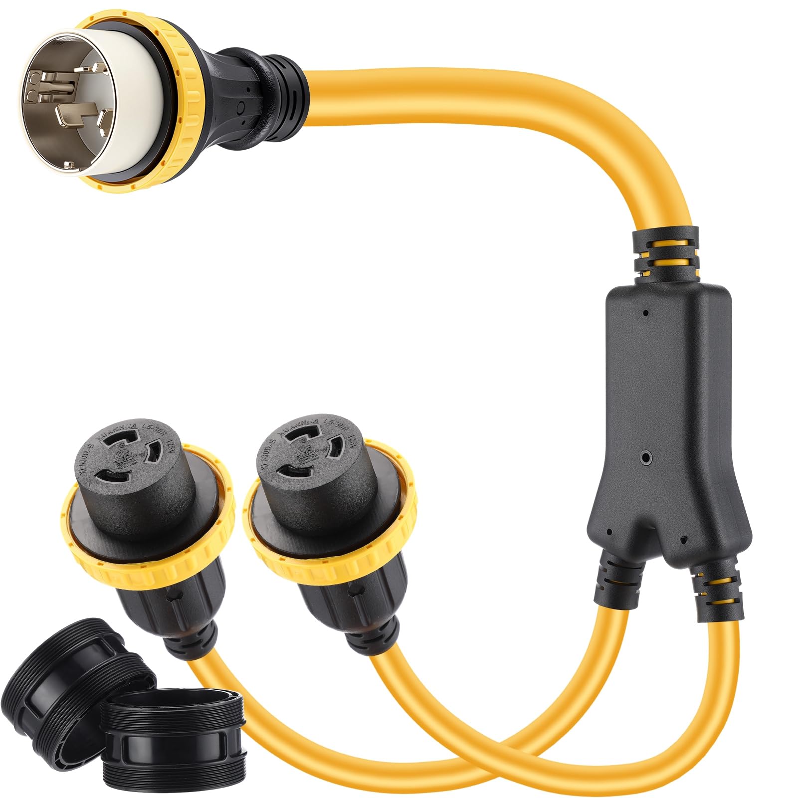 Photo 1 of Kanayu 3FT Marine Shore Power Y Splitter SS2-50P Male 50A Plug to (2) 30A L5–30R Female, 50 Amp 125/250v to L5-30r Y Adapter with Locking Ring and Collar