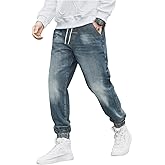 OYOANGLE Men's Jeans Jogger Pants Elastic Drawstring Waist Tapered Denim Trousers with Pocket