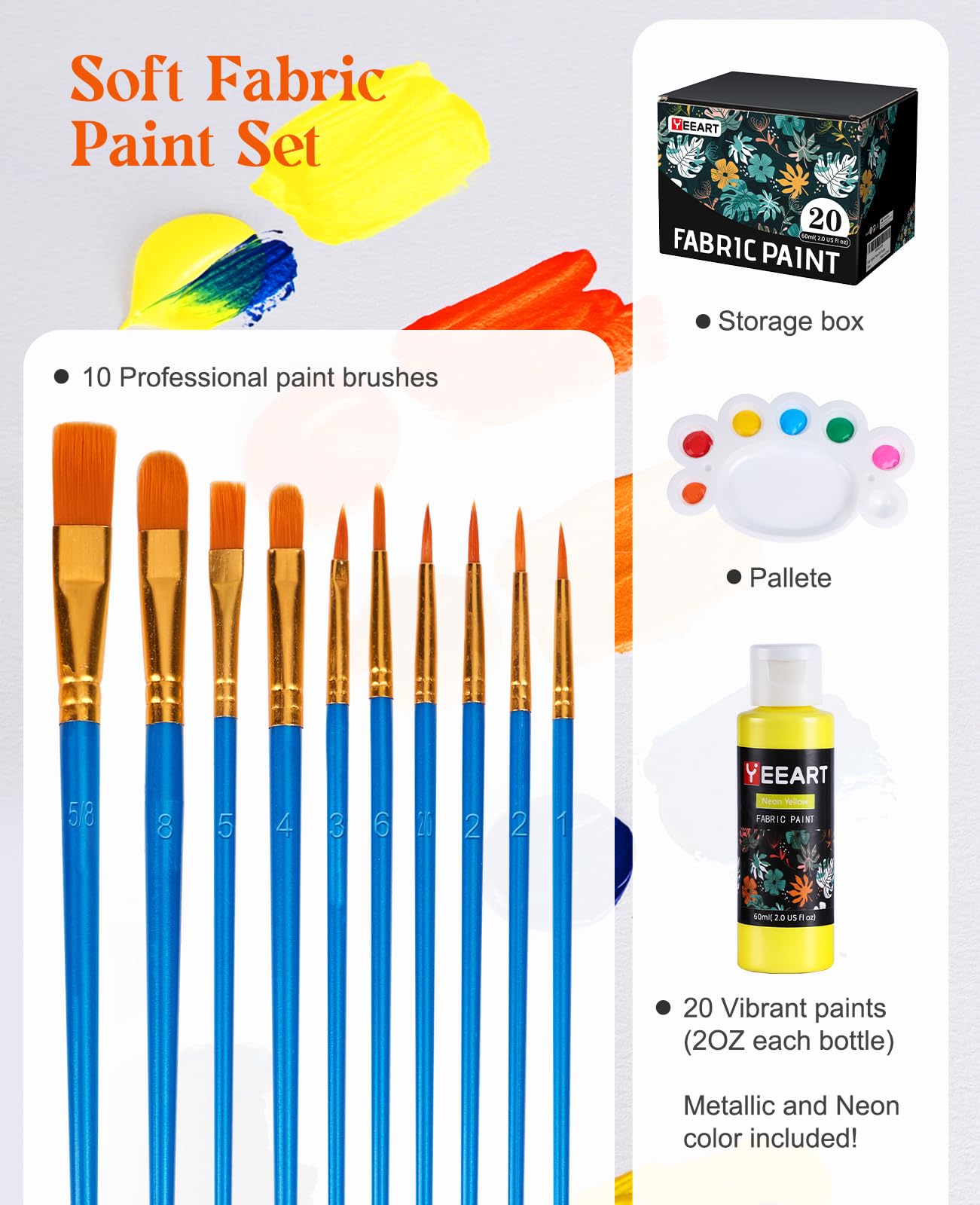 Fabric Paint, Yeeart 20 Colors Permanent Soft Fabric Paint Set for Clothes in Bottles (60ml/2oz) with 10 Brushes, Palette, Non-Toxic Textile Paint Art Supplies for Clothes, Canvas, T-Shirts, Jeans, Bags & Art Crafts