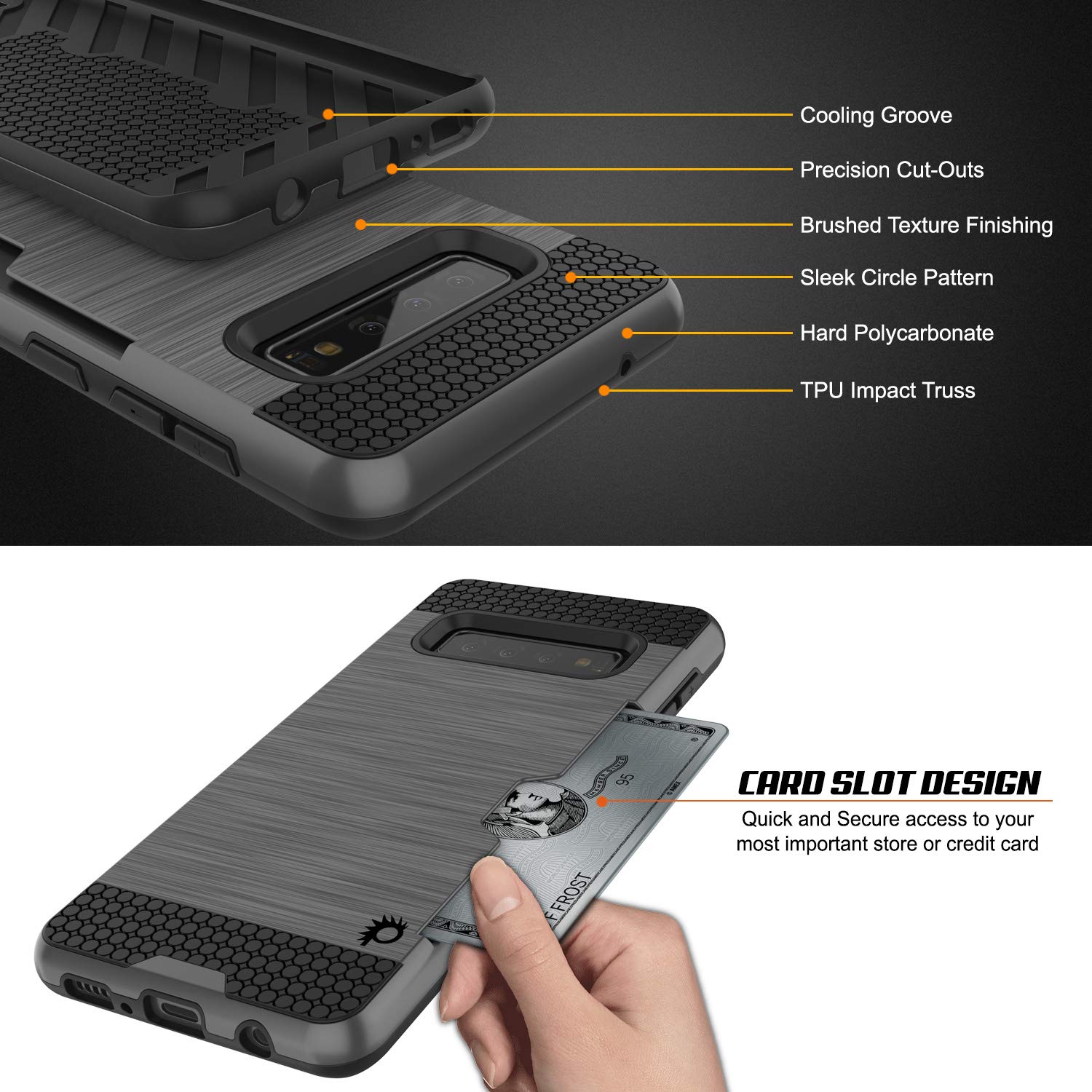 PunkCase S10 Plus Case [Slot Series] [Slim Fit] Dual-Layer Armor Cover w/Integrated Anti-Shock System, Credit Card Slot & PUNKSHIELD Screen Protector Compatible W/Samsung Galaxy S10 Plus [Grey]