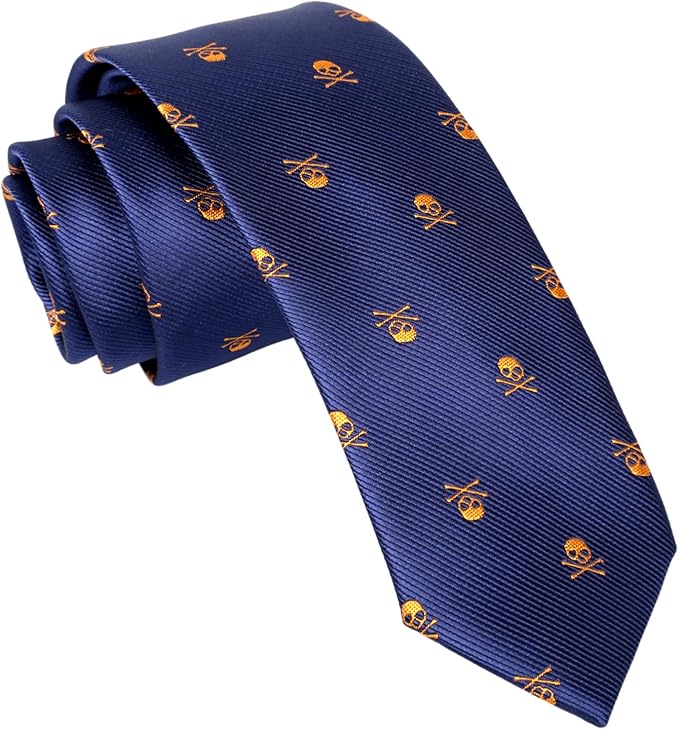 Alizeal Calavera–Corbata Estrecha para Hombre (Marino+Calavera Naranja)