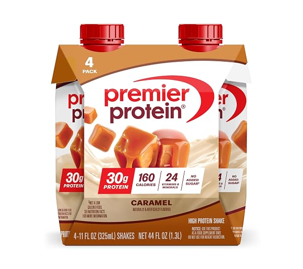 PREMIER PROTEIN SHAKE, CARAMEL, 30G PROTEIN, NO ADDED SUGAR, 24 VITAMINS & MINERALS TO SUPPORT IMMUNE HEALTH, 11 FL OZ, 4 PACK