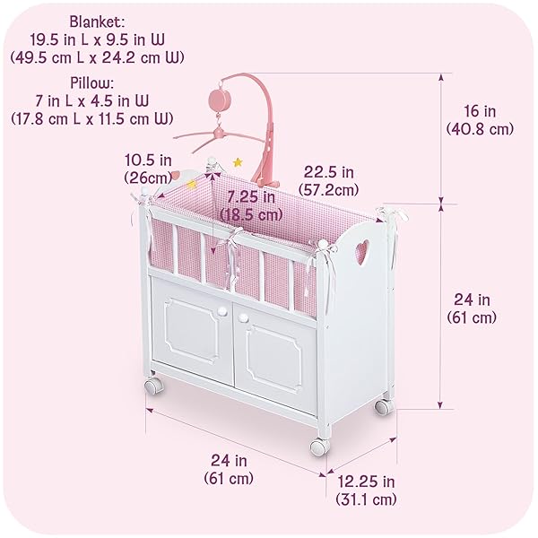 BADGER BASKET WOODEN TOY DOLL BED WITH STORAGE, MOBILE, AND BEDDING TO PRETEND AND PLAY – INCLUDES WHEELS AND FREE PERSONALIZATION KIT – WHITE WITH PINK GINGHAM FABRIC