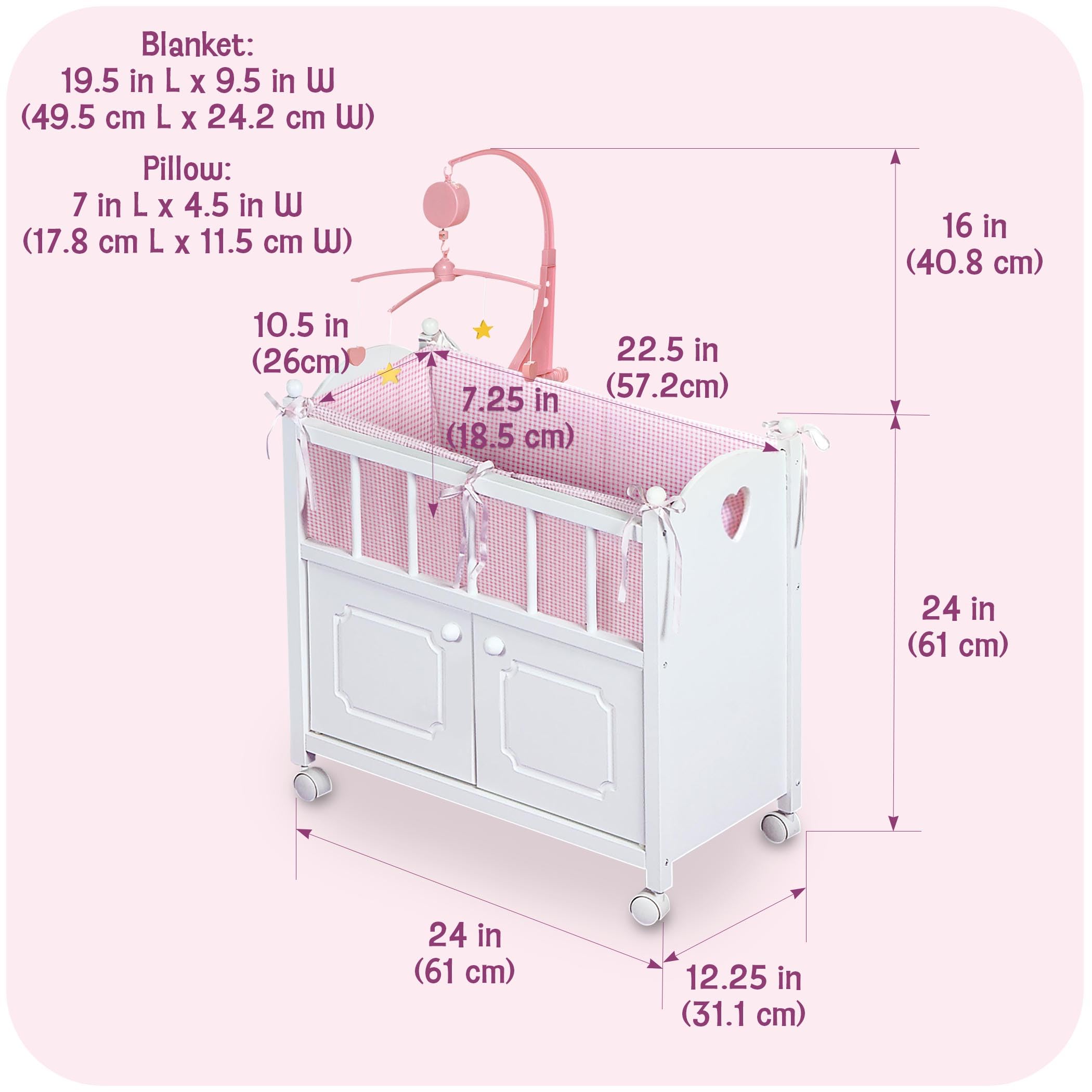 Badger Basket Wooden Toy Doll Bed with Storage, Mobile, and Bedding to Pretend and Play - Includes Wheels and Free Personalization Kit - White with Pink Gingham Fabric
