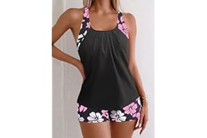 Women's 2 Piece Tankini Swimsuit Set with Floral Print, Tummy Control Modest Summer Bathing Suits for Pool & Beach