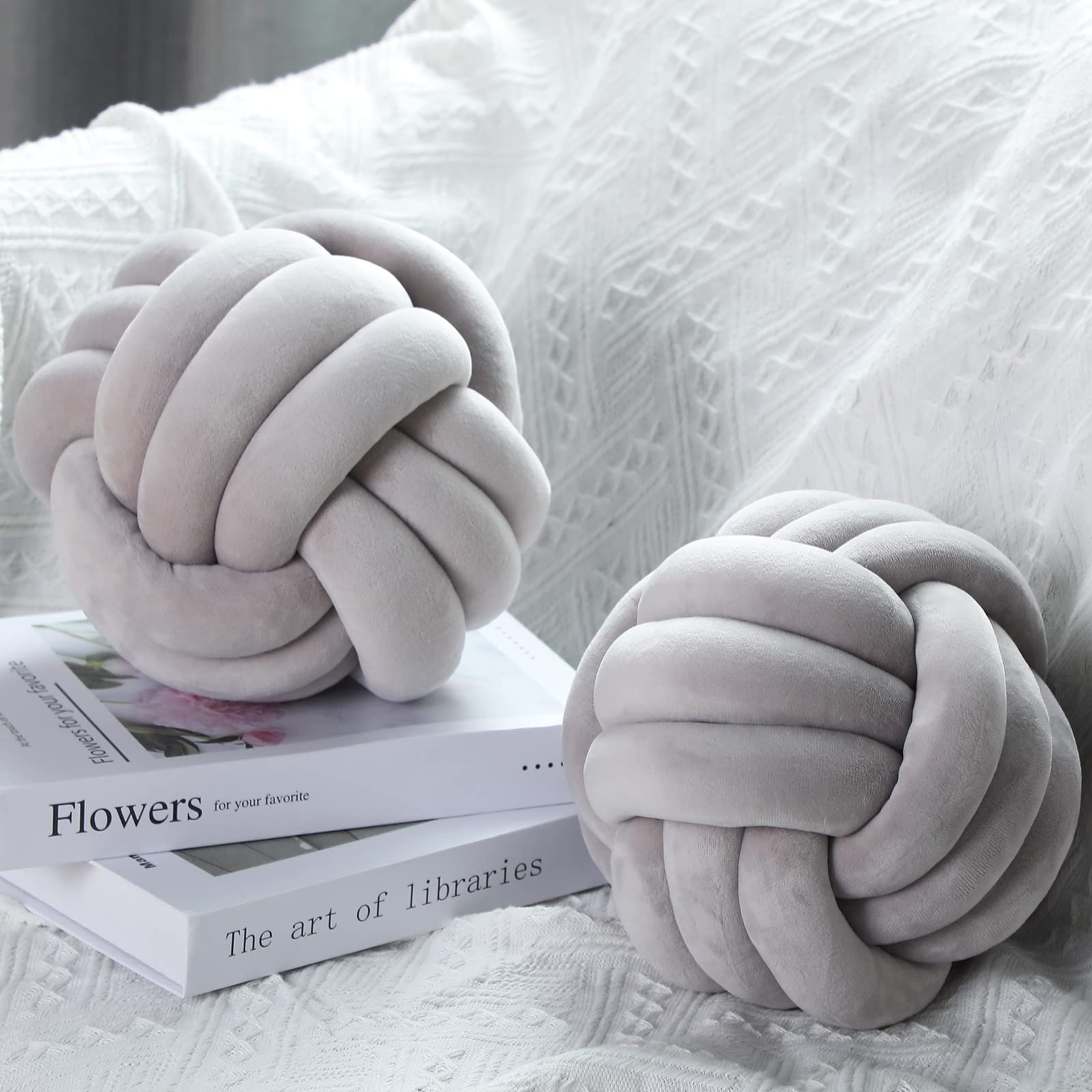 Namalu 2 Pcs Soft Knot Pillow Ball, Decorative Round Throw Knotted Pillows Cushion, Handmade Stuffed Ball Pillows for Winter Bedroom Sofa Couch Home Decor(7.87 Inches,Gray)