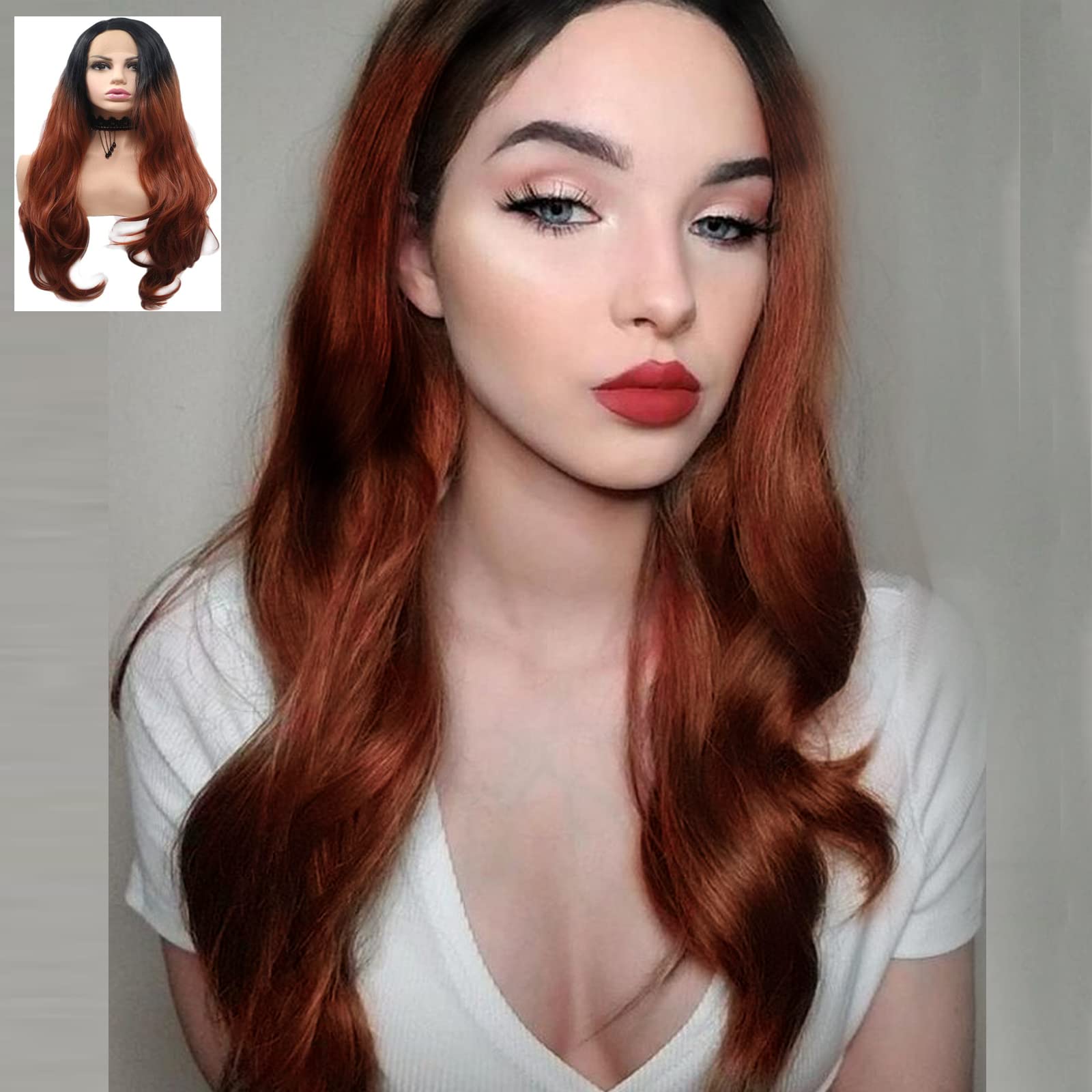 Reddish Brown Lace Front Wigs for Women Black Roots Ombre Brown long Wavy Synthetic Full Wig Natural Hairline Glueless Heat Resistant Hair Replacemnet Wigs Cospaly Party Daily Summer 24Inch