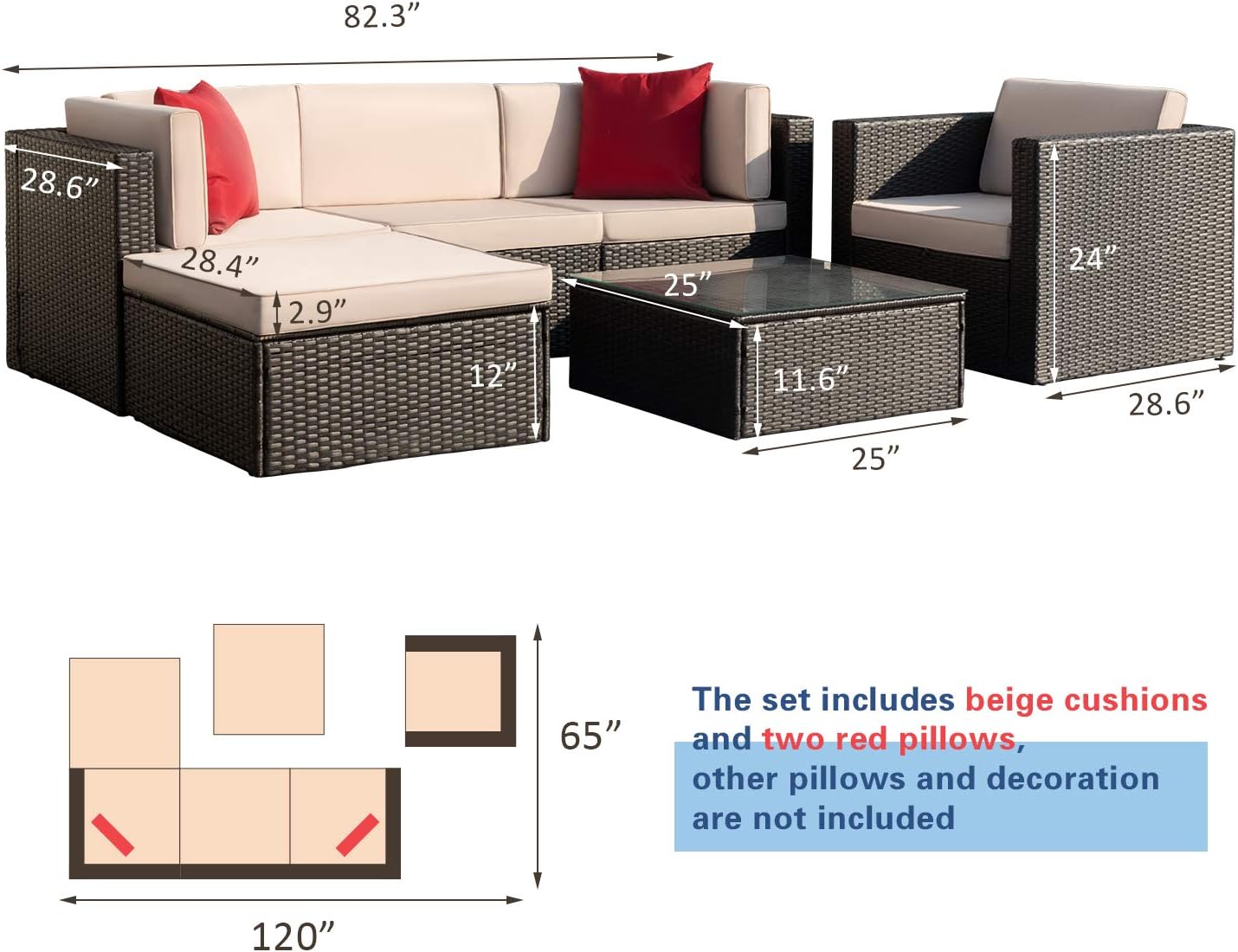 Flamaker 6 Pieces Patio Furniture Set Outdoor Sectional Sofa Outdoor Furniture Set Patio Sofa Set Conversation Set with Cushion and Table (Beige): Garden & Outdoor