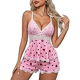 Crexomi Women's Sexy Pajama Set Lace V Neck Camisole Lingerie Nightwear Cami PJ Sets with Elastic Waist Slit Shorts