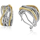 Dnswez 14k Gold Silver Earrings for Women, Crossover Half Hoop Earrings Two Tone Twisted Stud Lightweight Statement Earrings Jewelry