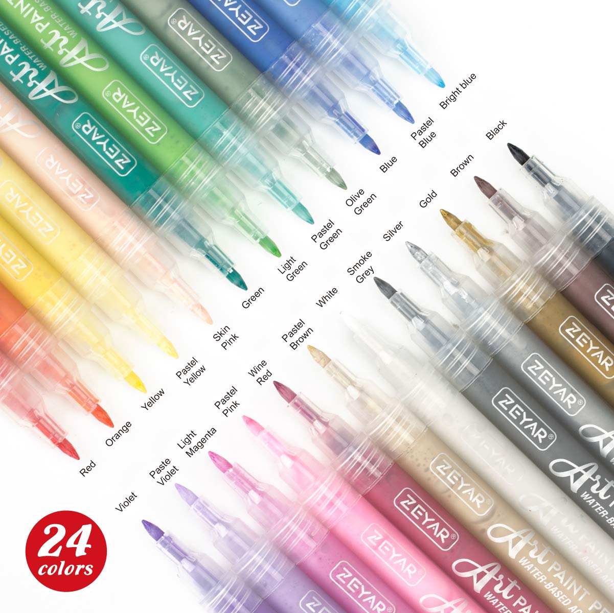 ZEYAR Acrylic Paint Pens, Extra Fine, 24 Colors, Permanent & Waterproof Ink, AP Certified, Works on Rock, Wood, Glass, Metal, Ceramic and Non porous Surfaces (24 Colors)