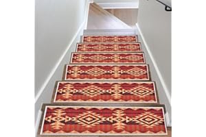 Non-Slip Carpet Stair Treads for Wooden Steps Red Ethnic Geometric Indoor Runner Resistant Rugs Rubber Safety Mats for Dogs, 