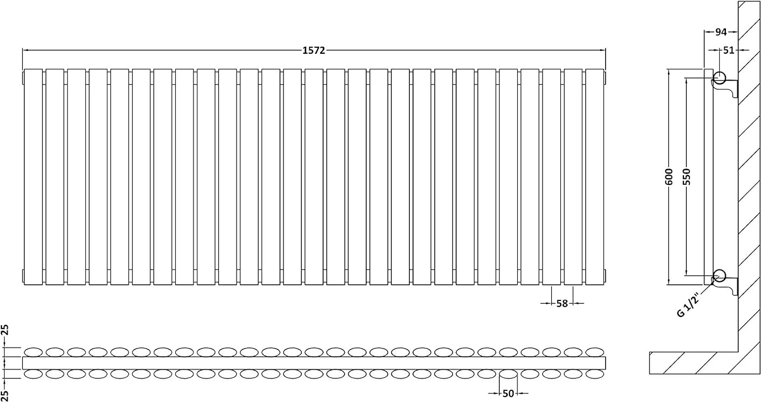 Nuie HLA42D Revive Modern Home Wall Mount Designer Horizontal Double Panel Radiator, 600mm x 1572mm x 78mm, Anthracite - Image 3