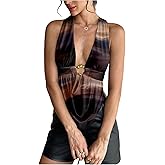 BEAUDRM Women's Y2k Sexy Deep V Neck Going Out Halter Tops Metal Ring Draped Open Back Tank Top Party Race Outfits