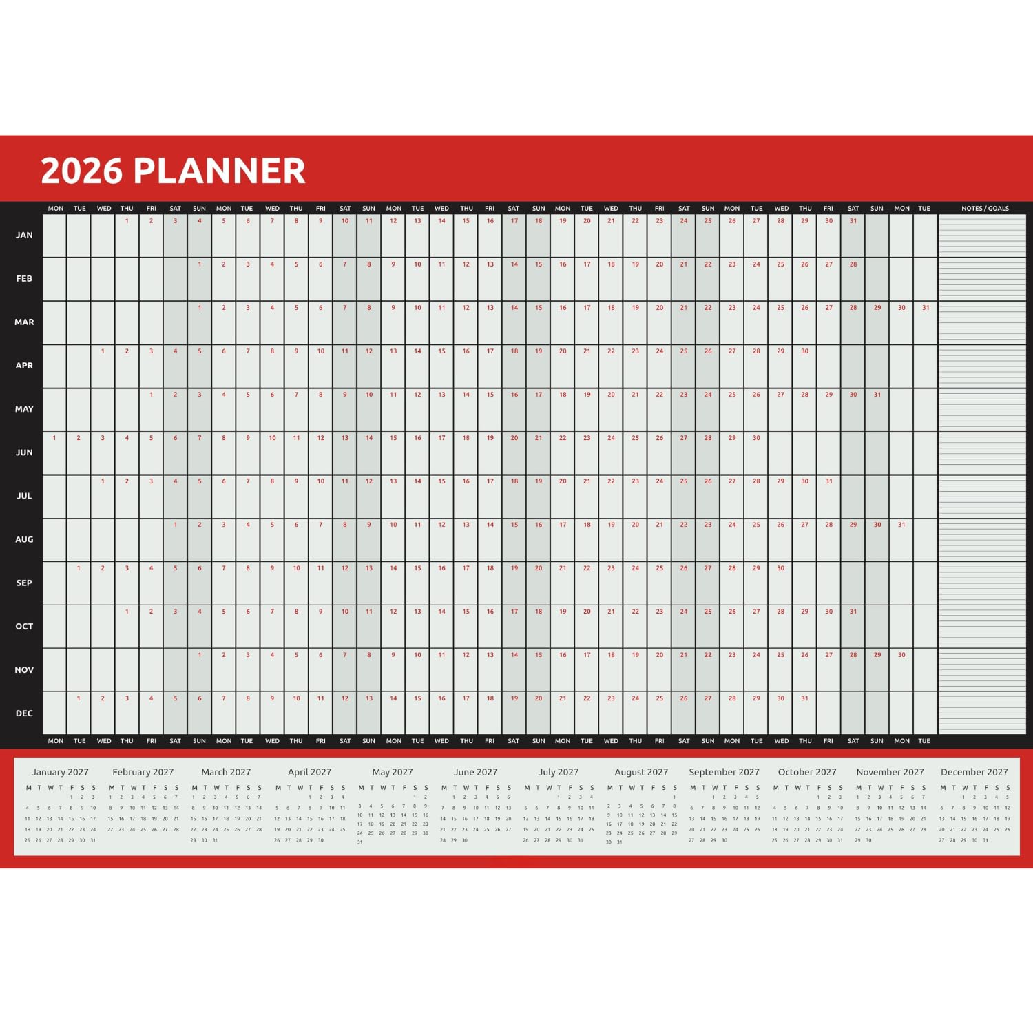 Evelay 2026 Wall Planner A2 Size (59cm x 42cm) Full Year to View Calendar Home Office School Organiser (Red) - Made in UK