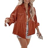 Ashuai Womens Corduroy Peplum Shacket Jacket Long Sleeve Button Down Babydoll Shirts Oversized Casual Blouses Tops