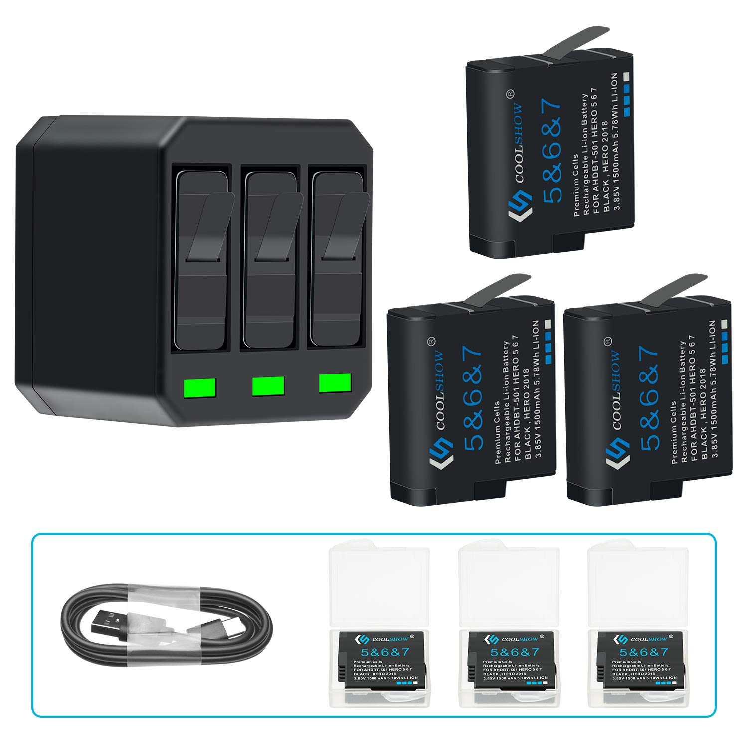 COOLSHOW HERO 7 Black 3-Pack 1500mAh Rechargeable Battery with 3-Channel USB Charger Compatible with GoPro 6, 5, AHBBP-501