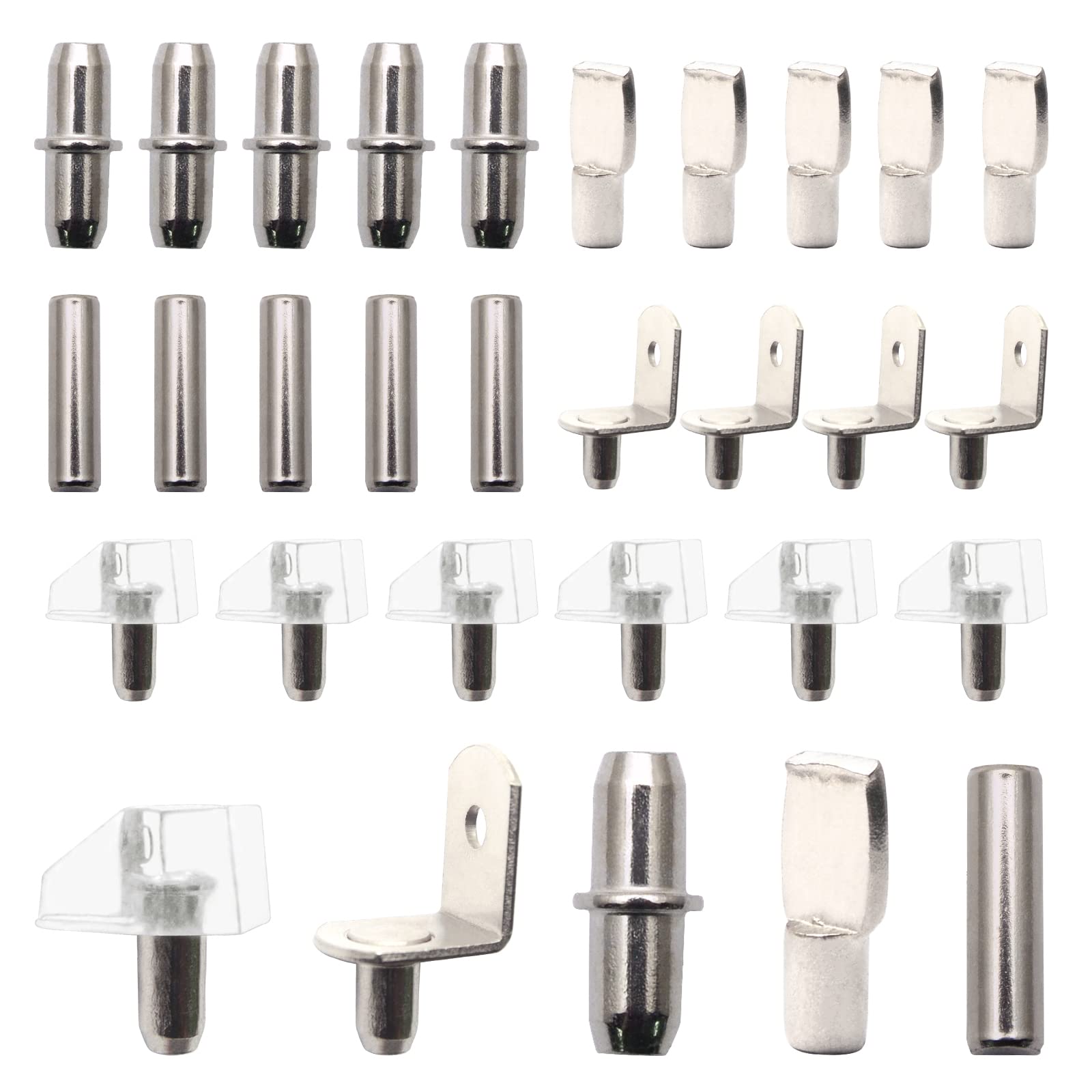 125Pcs 5 Styles Silver Shelf Pins Kit, Nickel-Plated Shelf Support Pegs with a Hole, PVC Shelf Pins, Flat Spoon Pegs, Cylindrical Pins Holder and Dowel Pins for Cabinets