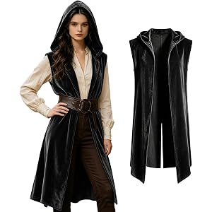 Women's Medieval Hooded Surcoat, Viking Costume Sleeveless Tunic, Renaissance Hooded Cloak for Halloween Assassin Cosplay