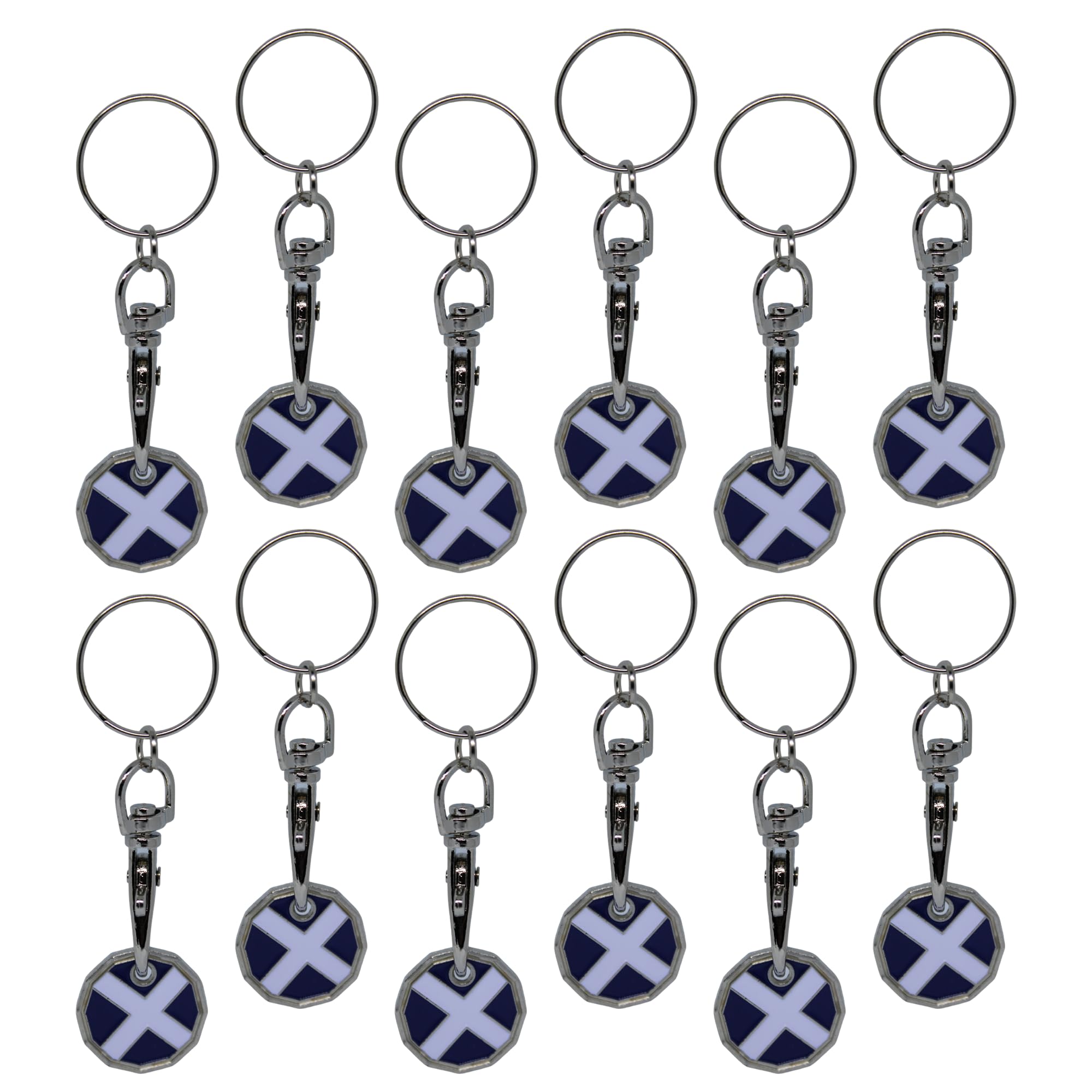 12pk Shopping Trolley Token Key Ring | Trolley Tokens for Supermarket, Gym Locker | New Pound Coin UK Tokens (12pk Scotland Flag)