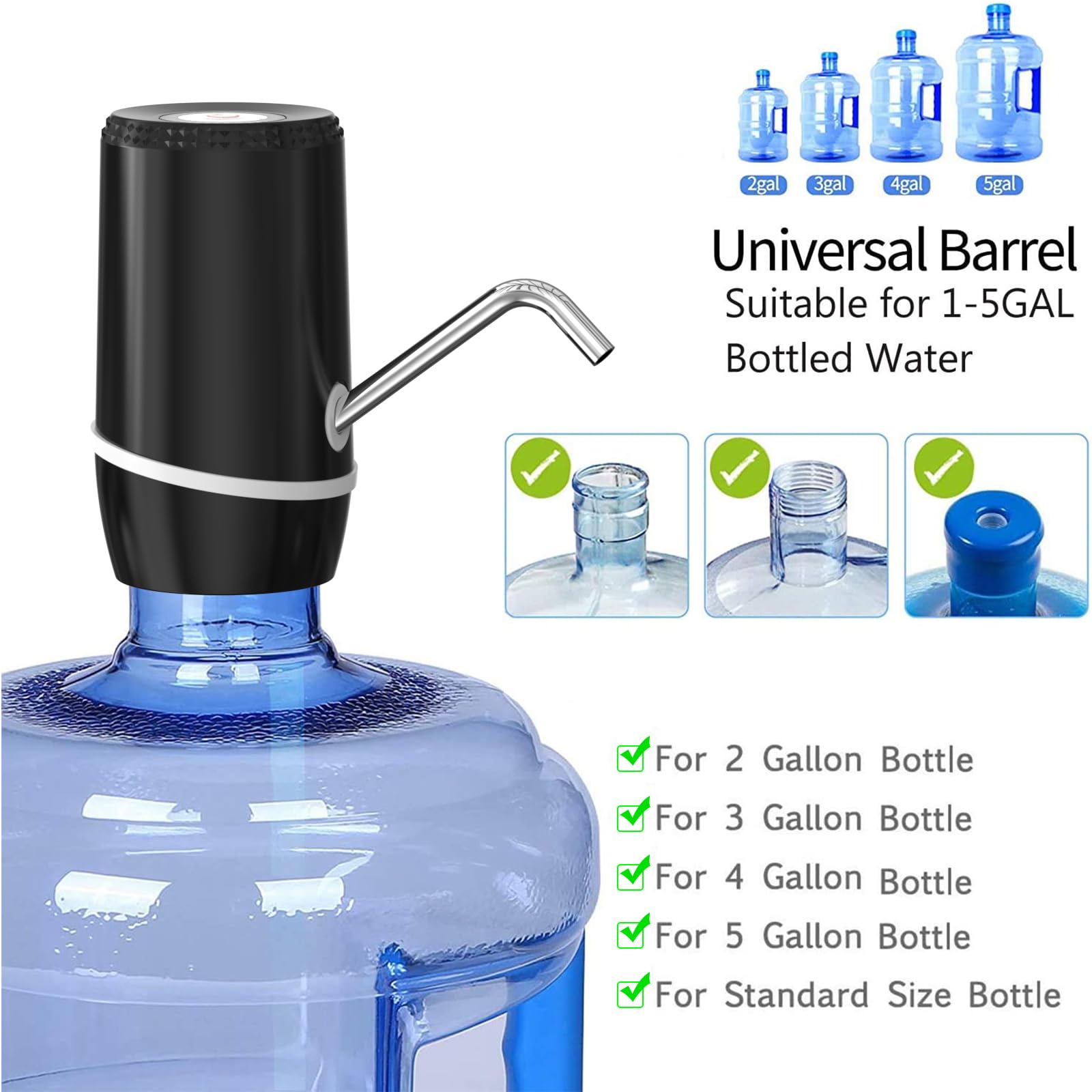 5 Gallon Electric Portable Water Dispenser, Universal USB Charging Water Bottle Pump, 5 Gallon Jug Water Dispenser with Silicone Cap - Black