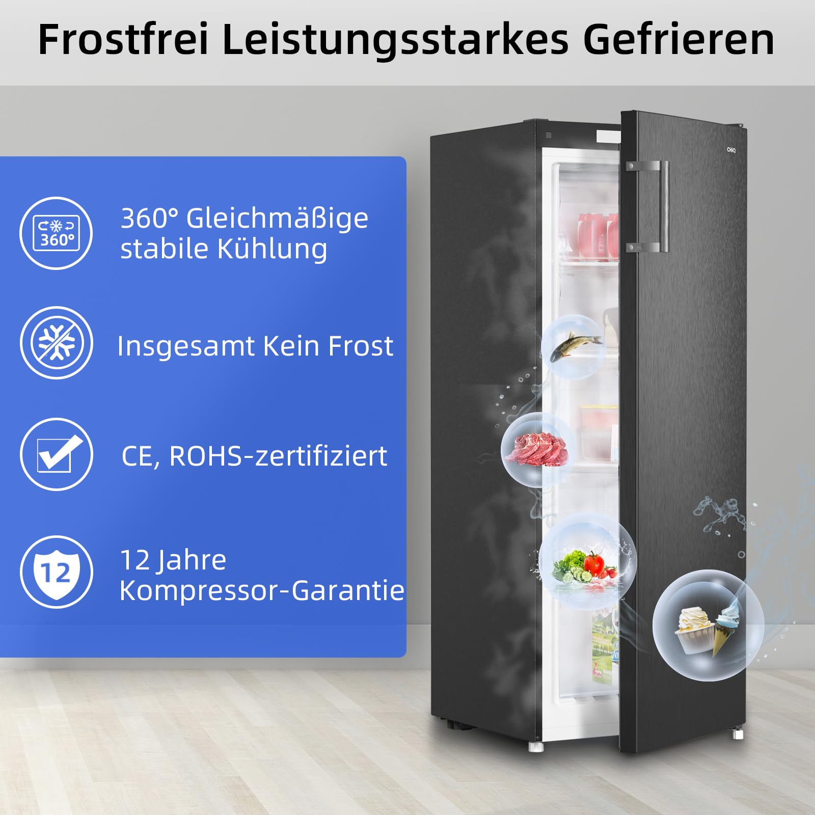 CHiQ Gefrierschrank No Frost 166 L, MultiAirflow, 4-Sterne-Gefrieren｜5 Schubladen + 1 obere Klappe, 144cm H | 209 kWh/Jahr, mit LED, Wechselbarer | Schwarz, FSD166NE4E 3