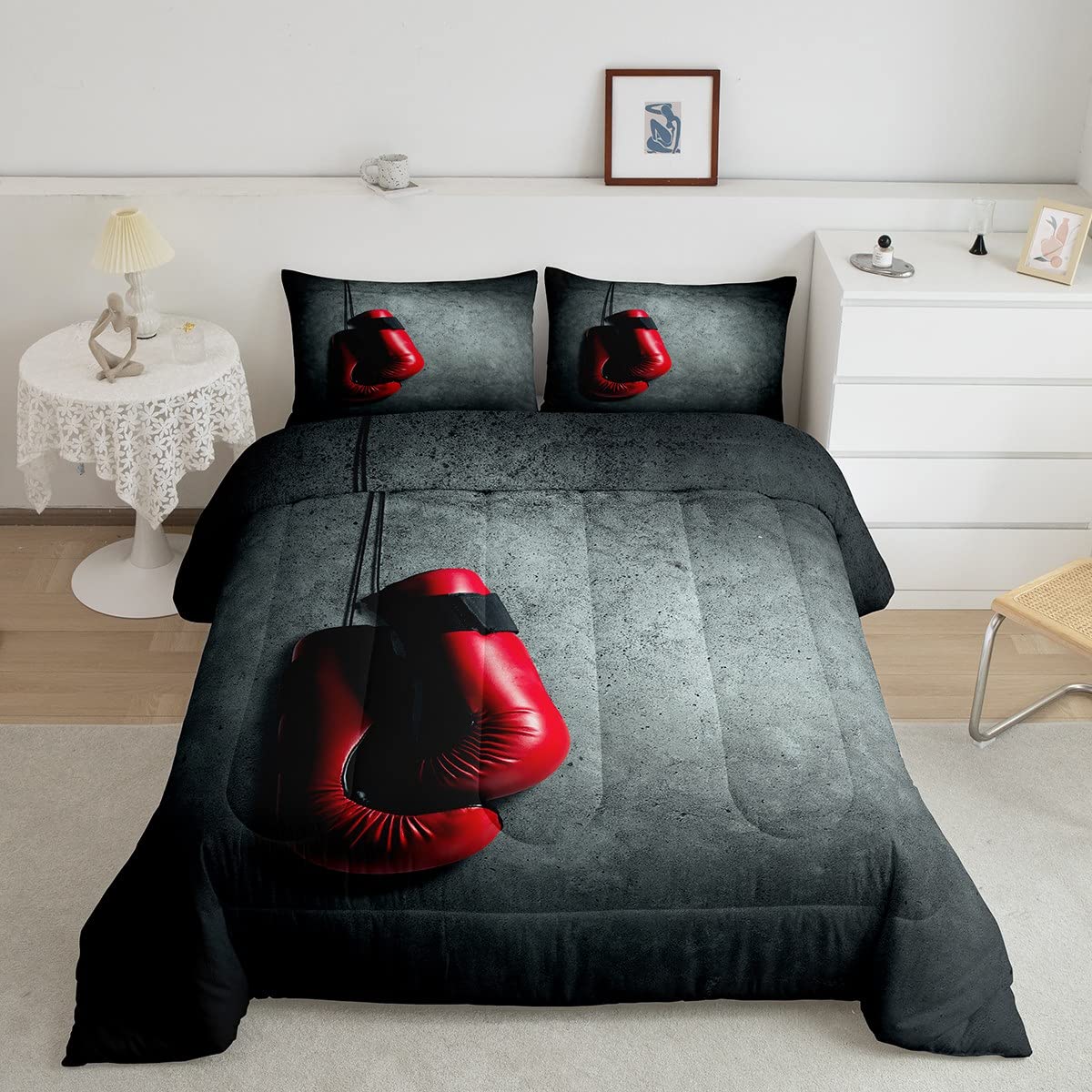 Loussiesd Boxing Duvet Insert Sports Theme Duvet for Kids Boys Girls Men Red Boxing Gloves Pattern Pugilism Games Design Quilt Set Single Size — image 1