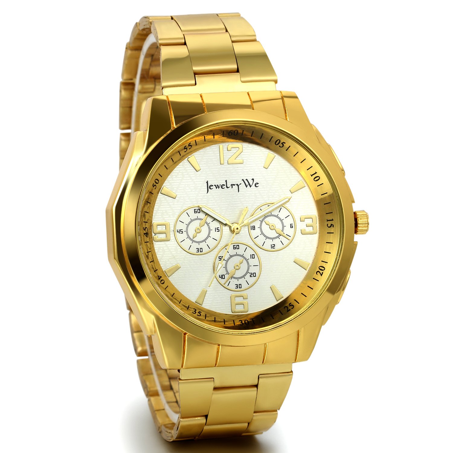 JewelryWe Men Gold Tone Stainless Steel Quartz Wrist Watch,White Dial