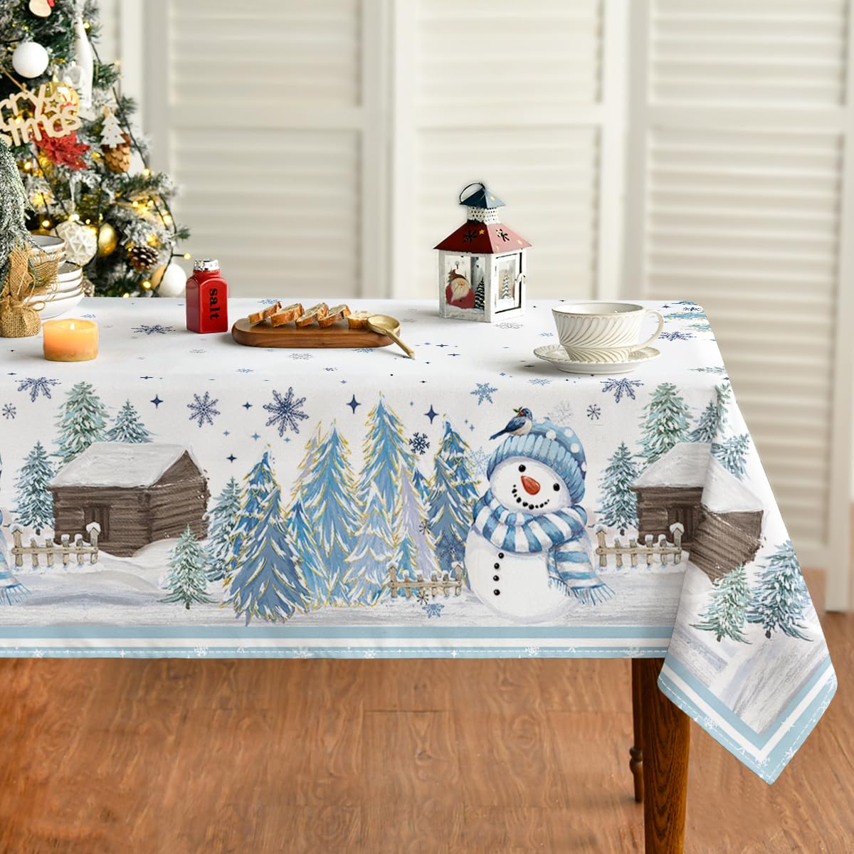Photo 1 of Horaldaily Christmas Tablecloth 60×84 Inch Rectangular, Blue Snowman Pine Snow Washable Table Cover for Party Picnic Dinner Decor