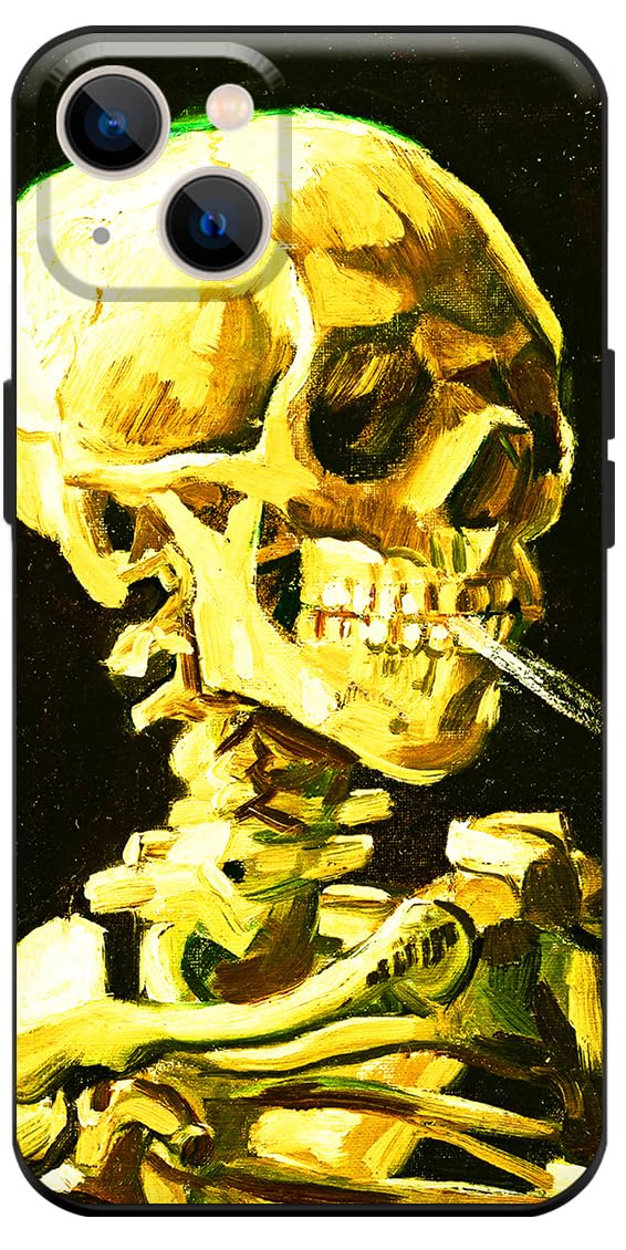 Berkin Arts Compatible with iPhone 13 Case Premium Silicone Cover Patterns Cute Design Black Famous Painting Come with Screen Protector (Vincent Van Gogh-Skeleton Skull Smoking A Cigarette)