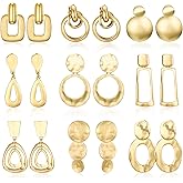 FIBO STEEL Gold Clip on Earrings - Retro Hoop & Dangle Clip on Earrings for Non-Pierced Women, 9 Pairs