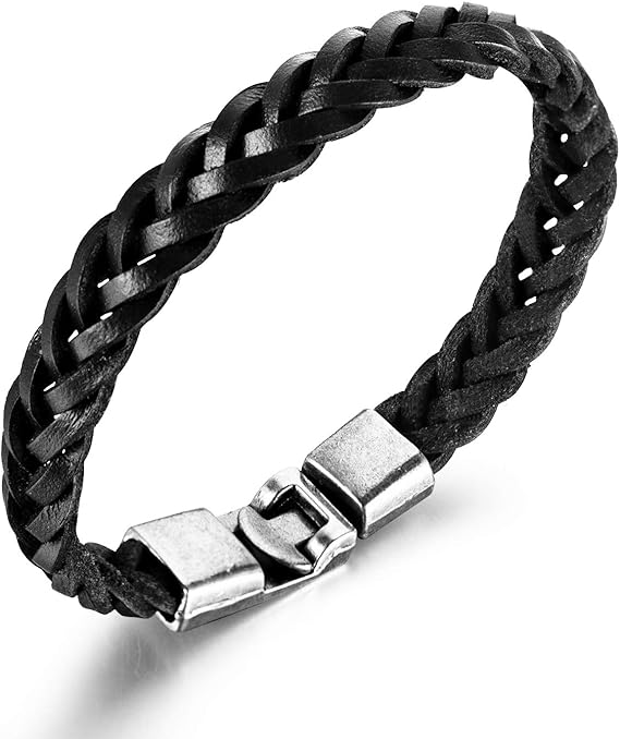 Amazon Rockyu メンズ ブレスレット 革 ブラック 黒 レザー 編み込み シンプル バングル おしゃれ 男性ブレスレット パーティ ファッションアクセサリー ブレスレット 通販