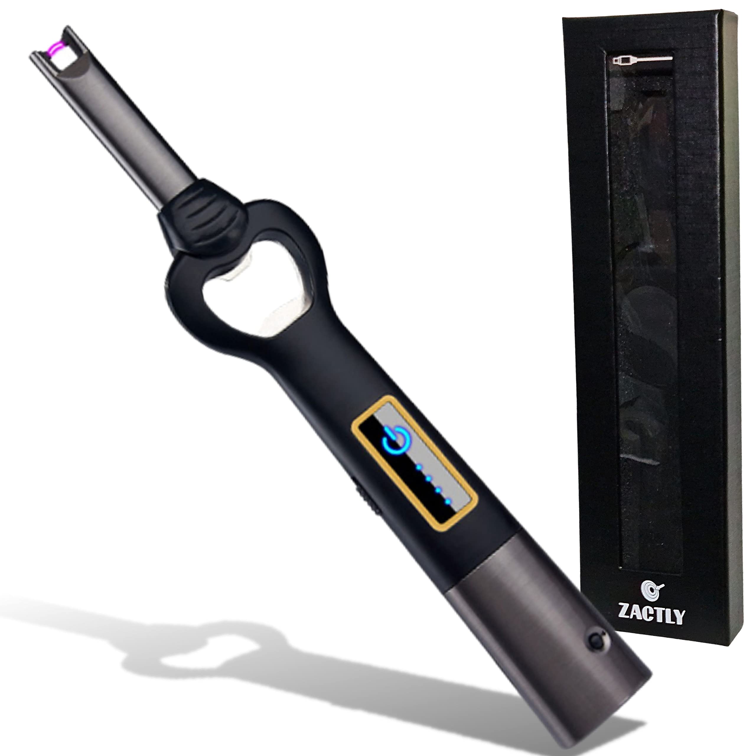 Zactly MODEL AL08 Electric Candle Arc Lighter Portable USB Rechargeable, Bottle Opener, LED Flashlight, Long Nose Windproof Flameless for Kitchen, BBQ, Camping, Hiking & Outdoor Survival Tool (BLACK)