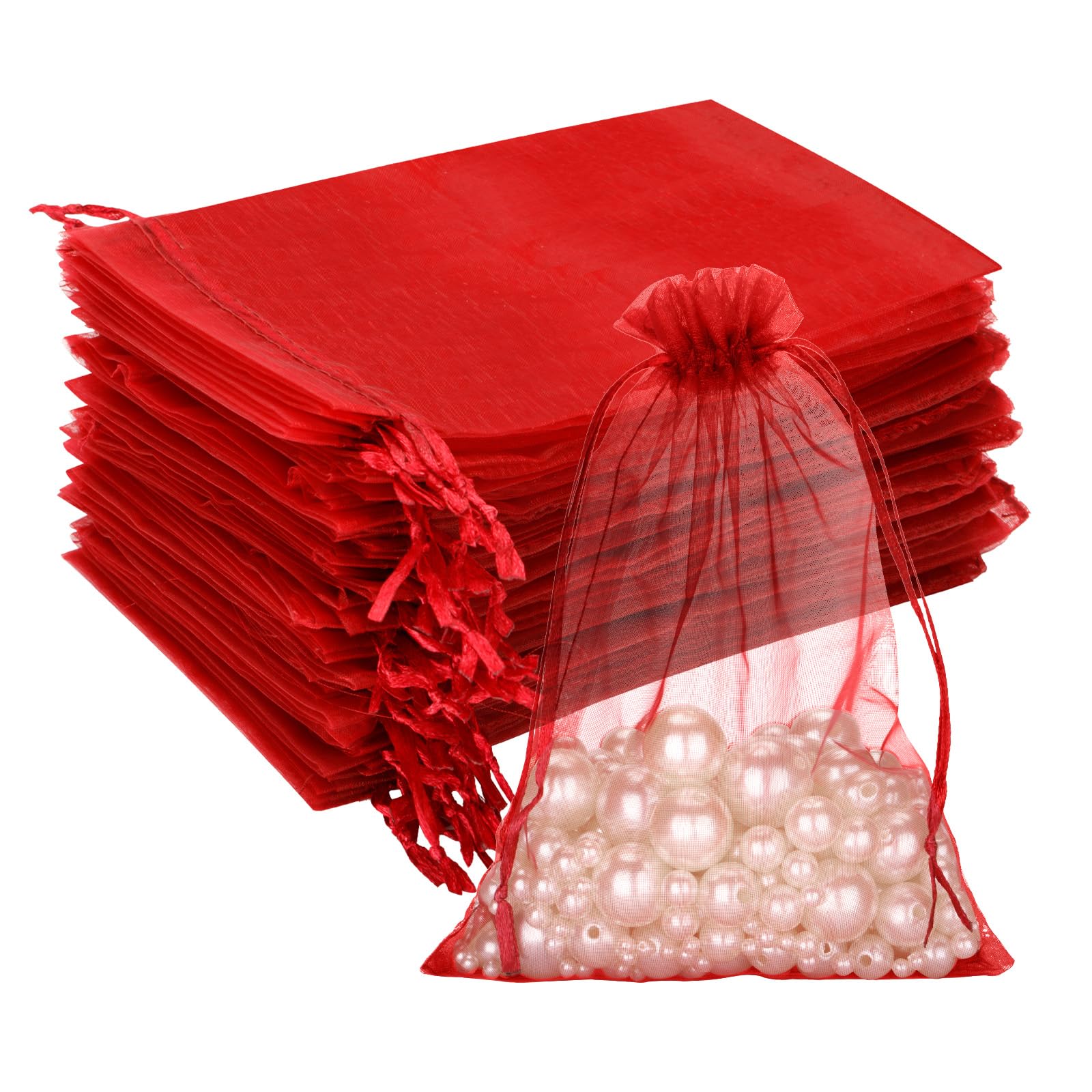 G2PLUS Wine Red Organza Gift Bags: 13x18 CM Clear Mesh Pouches, 100 PCS Organza Jewellery Bags, Large Favour Pouches for Wedding, Birthday Party Supplies