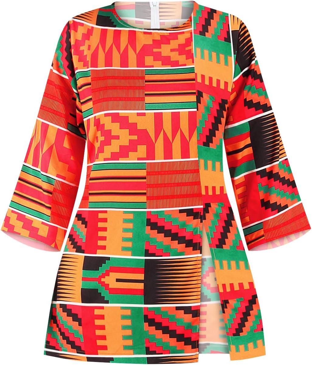 Armorme Womens African Print Top Dsahiki Long Sleeves Crewneck Shirts