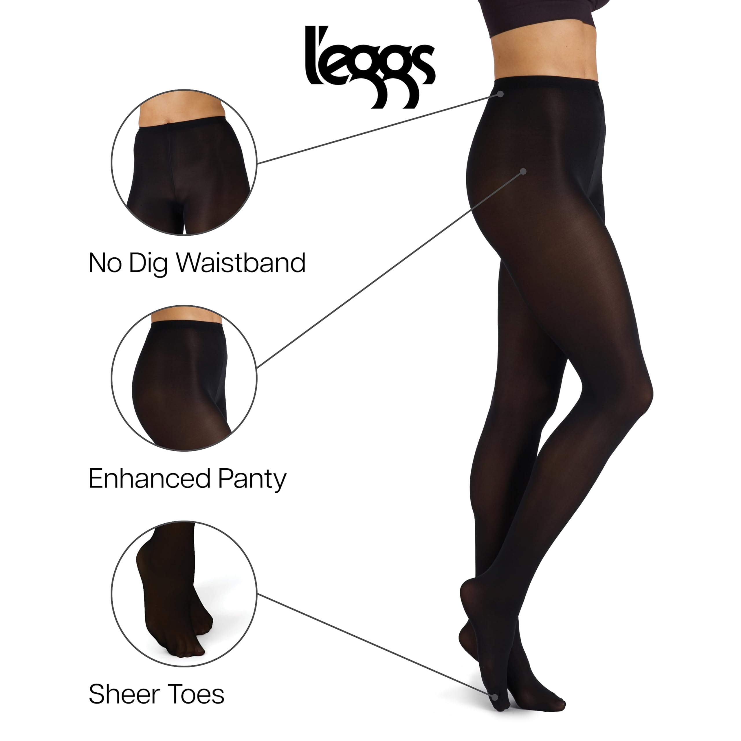 L'eggs Casual Women's Opaque Tights, Same to Waist, Sheer Toe, Black