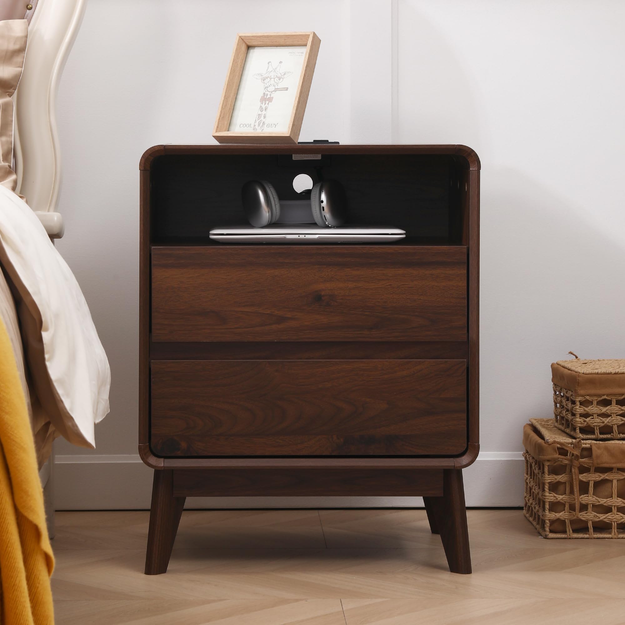 Photo 1 of ***Factory seal****
GlowVitaHome Nightstand, Wood Bedside Table with 2 Drawers and Open Storage Shelf, Accent End Table with Solid Wood Legs for Bedroom,Walnut