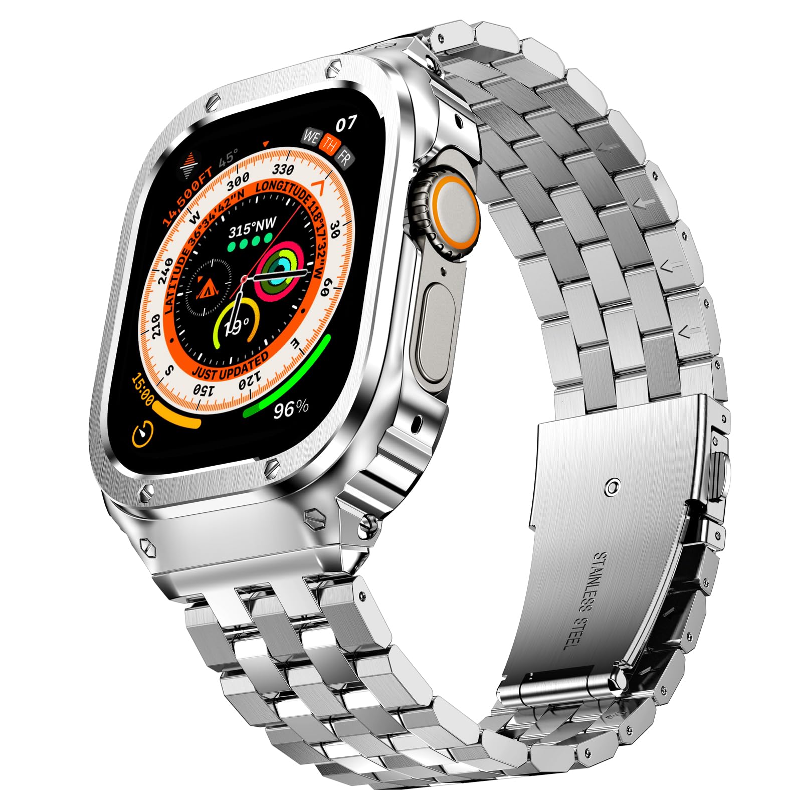 SUPLINK Stainless Steel Case with Bands Compatible with Apple Watch Ultra 2 Band/ 1/ Apple Watch Ultra 3 Band 49mm, Metal Rugged Protective Bumper Adjustable Strap for iWatch Bands Men, Silver