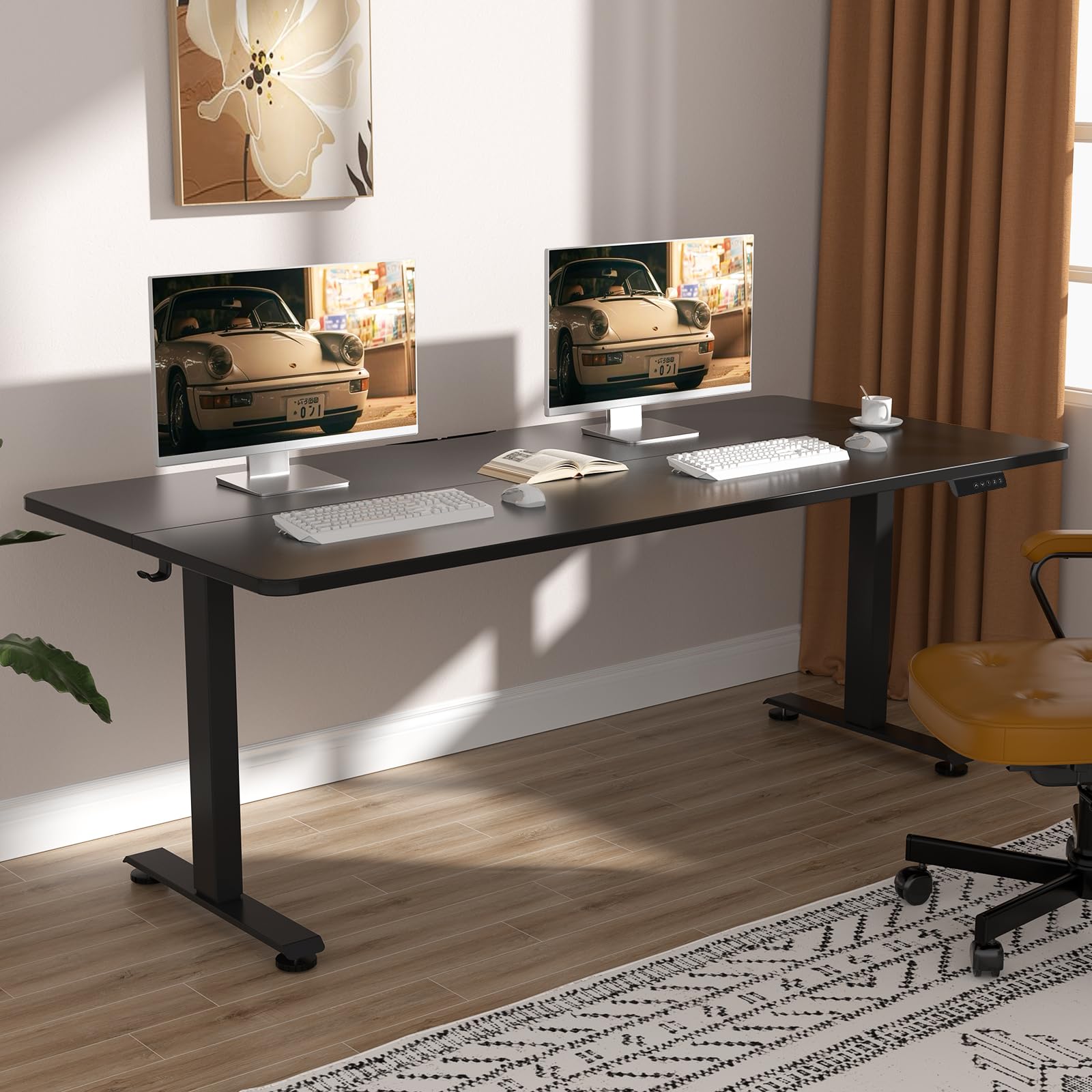 Veken 63x27.6 Inch Large Electric Standing Desk, Heights Adjustable,Sit to Stand Up, Work Home Office Computer Table for Walking Pad, Wooden Desktop Desks, Black Image