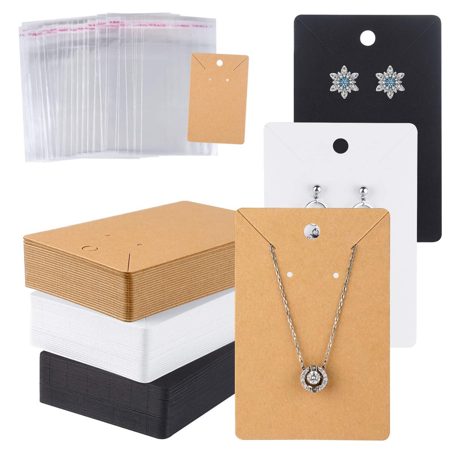 Photo 1 of MIAHART 150 Set Earring Cards, Earring Display Cards with Self-Sealing Bags for Stud Earrings Dangle Earring Holder Card for Selling (White, Black, Kraft)