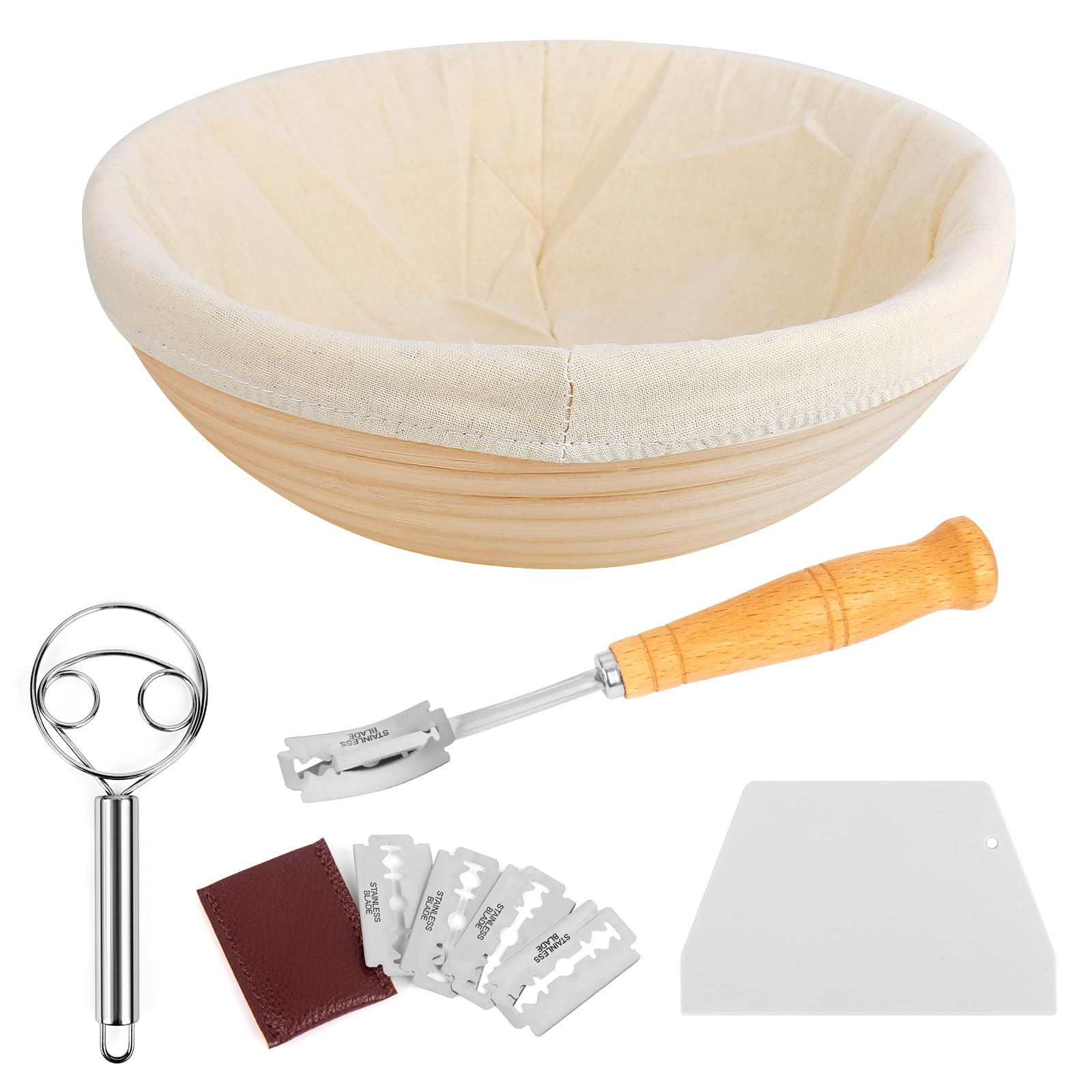 CTDMJ 10inch Bread Proofing Basket Set 100% Natural Bread Banneton Sourdough Proving Basket Kit Sourdough Bread Making Tools with Dough Whisk, Linen Liner Cloth, Dough Scraper, Bread Lame & Blades
