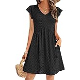 OFEEFAN Summer Dresses for Women Beach Vacation Clothes V Neck Ruffle Sleeve Babydoll Dress Elegant Classy Sundress
