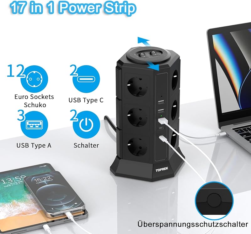 Mehrfachsteckdose 12 Fach, mit Überspannungsschutz USB C Schalter — Foto 2 von 7