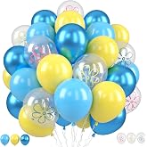 Blue and Yellow Balloons 50PCS 12 Inch Flower Print Metallic Balloons | Blue Yellow Balloons with Ribbon for Birthday Baby Shower Flower Theme Party Decorations