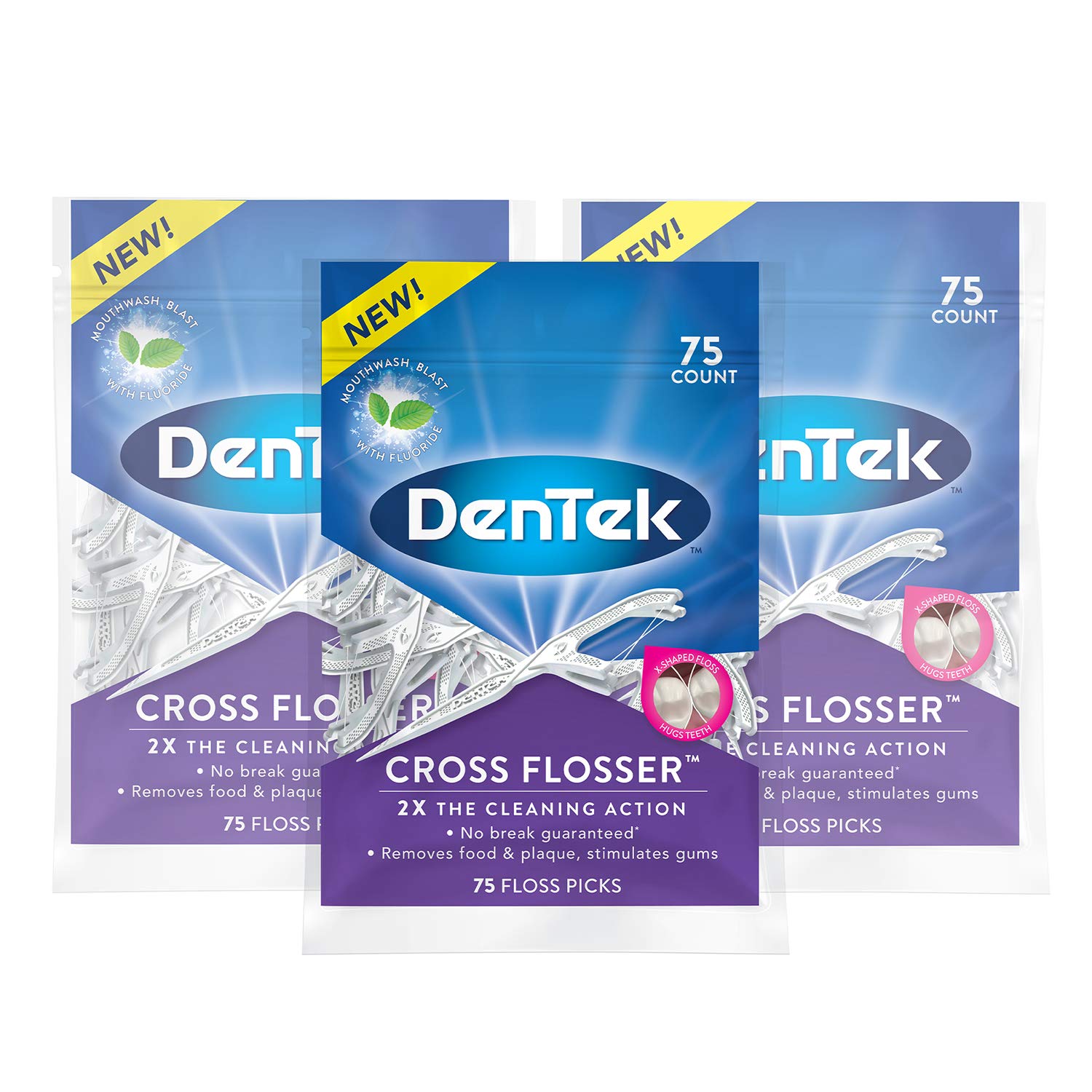 DenTek Cross Flosser Floss Picks, X-Shaped Floss Hugs Teeth, 75 Count, 3 Pack