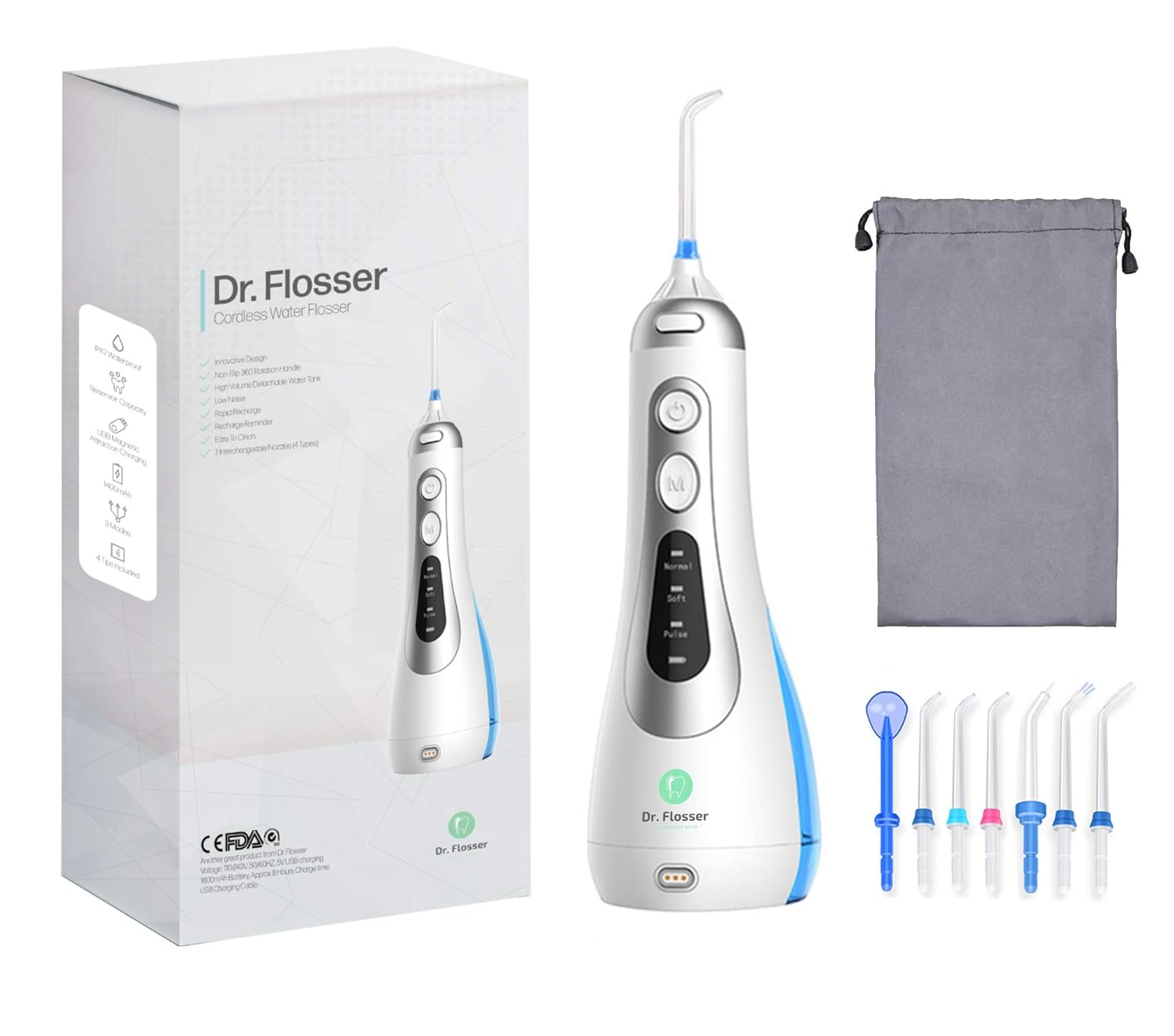 Dr. Flosser Cordless Water Flosser - Improved Dental Flosser - 7 Jet Tips (4 Tip Types), 3 Pressure Levels - Countertop, Rechargeable with USB Cable - For Home and Travel with Bonus Carry Case - Blue