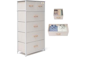 VredHom Fabric Dresser for Bedroom, Tall Skinny Dresser with 6 Drawers, Storage Organizer Tower, Steel Frame Wooden Top for Closet, Living Room, Hallway, Nursery(Beige)