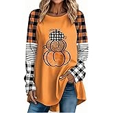 Women's Fall Outfits Pumpkin Shirts Plaid Striped Raglan Long Sleeve Tops