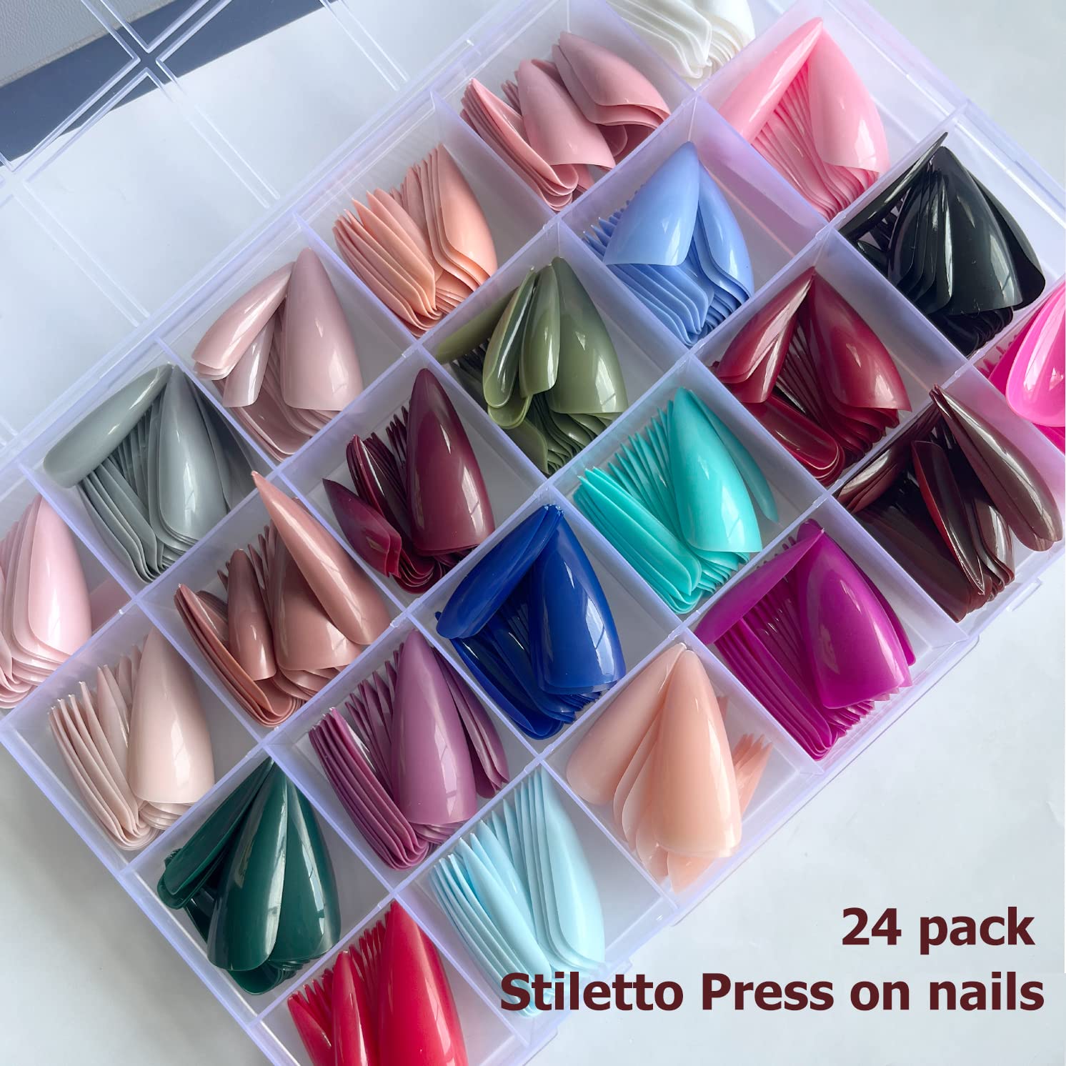 AddFavor 576pcs Long Stiletto Press on Nails 24 Solid Colors Glossy Full Cover Fake Nails Acrylic Artificial False Nail Tips 12 Sizes for Women Girls Nail Art Design - Image 3